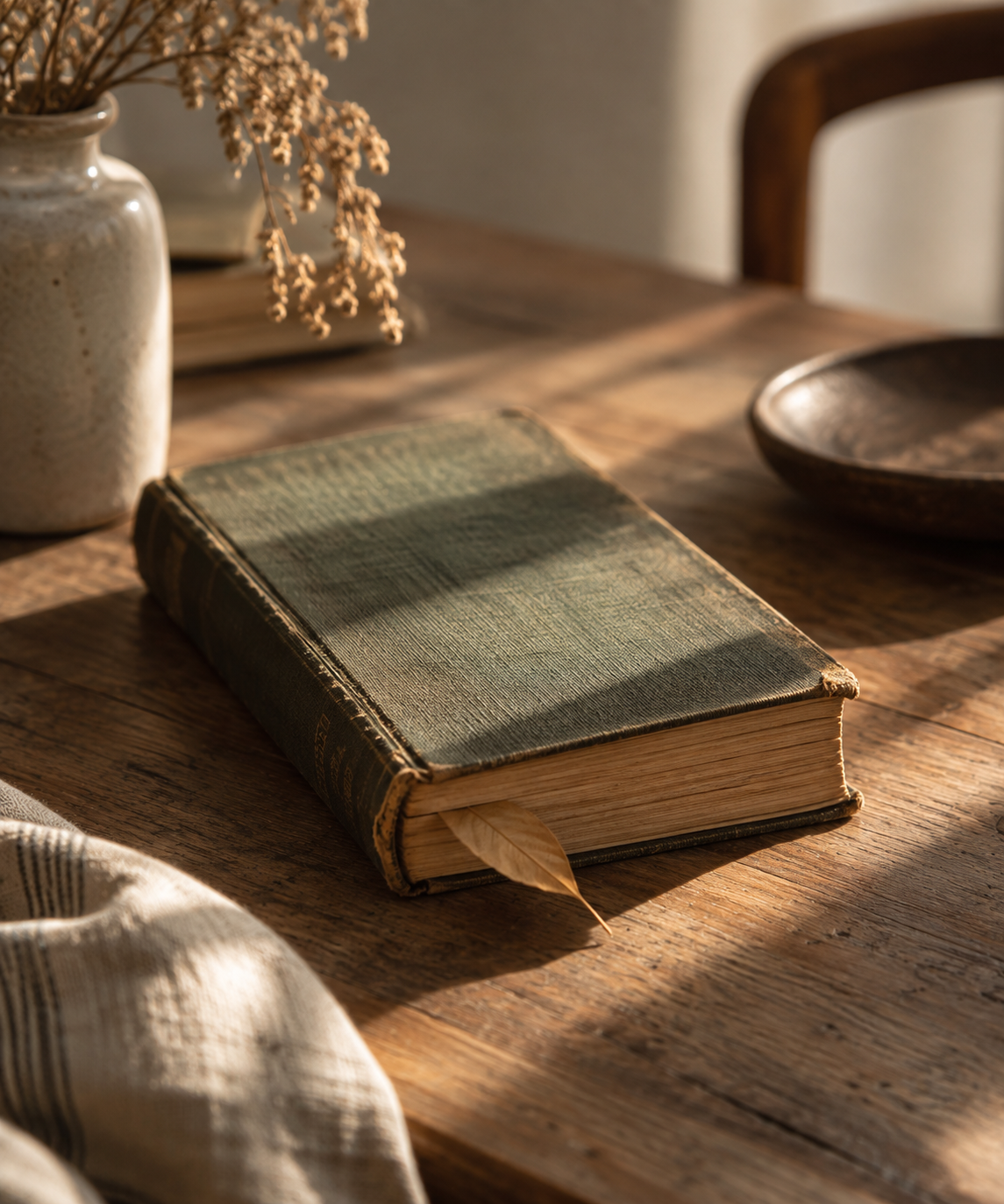 Libro antiguo de tapa verde con hoja seca como marcapáginas sobre mesa de madera