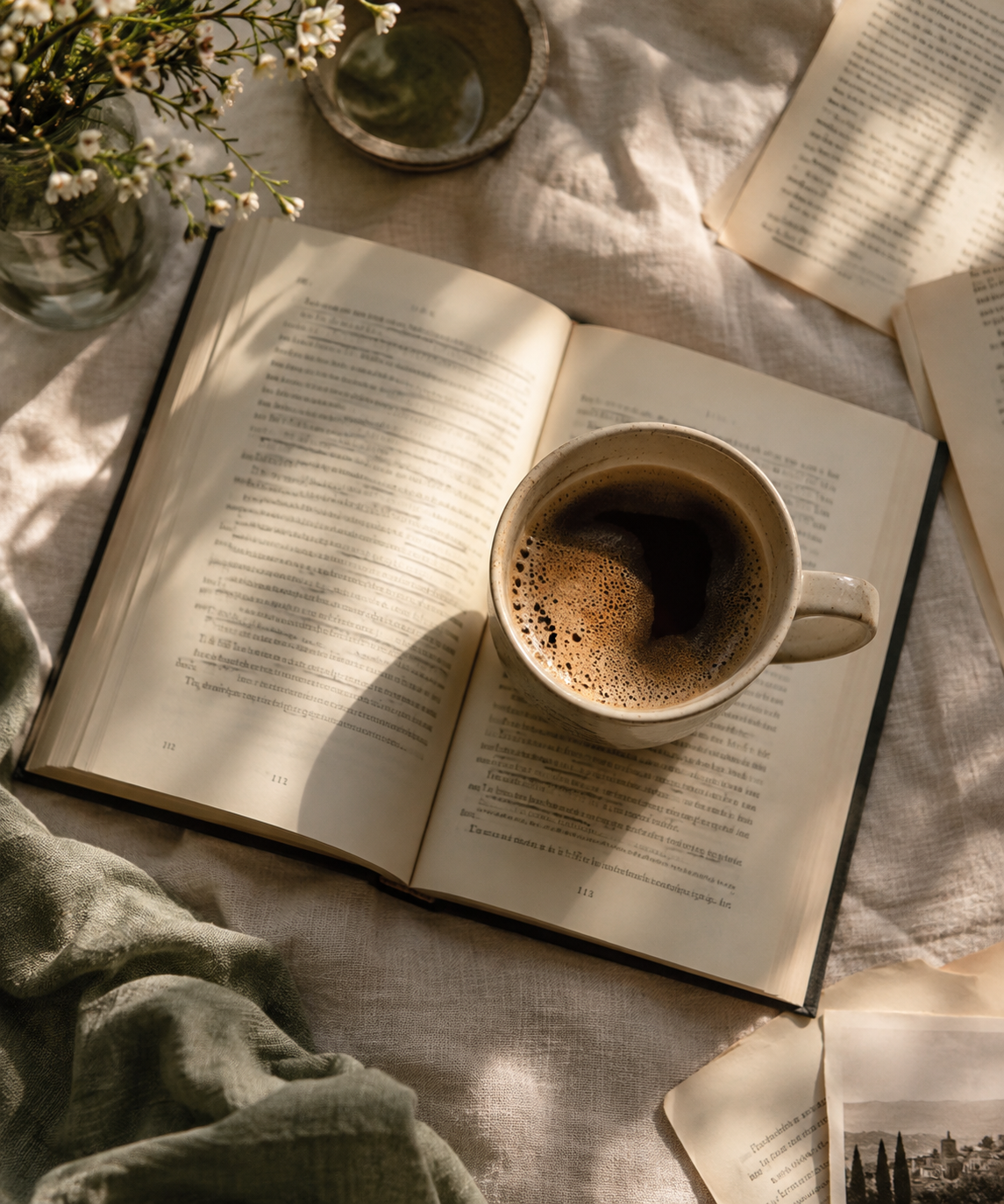 Libro abierto con taza de café y flores sobre mantel de lino