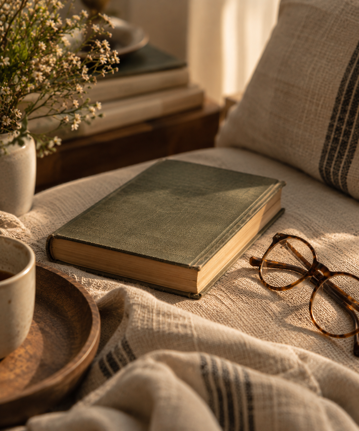 Libro de tapa verde con anteojos sobre tela beige con luz dorada